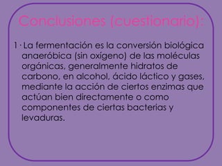 Conclusiones (cuestionario):1· La fermentación es la conversión biológica anaeróbica (sin oxígeno) de las moléculas orgánicas, generalmente hidratos de carbono, en alcohol, ácido láctico y gases, mediante la acción de ciertos enzimas que actúan bien directamente o como componentes de ciertas bacterias y levaduras.