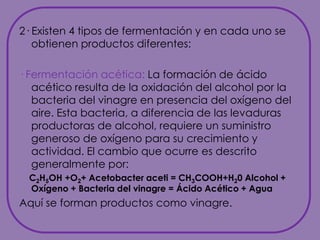 2· Existen 4 tipos de fermentación y en cada uno se obtienen productos diferentes:· Fermentación acética: La formación de ácido acético resulta de la oxidación del alcohol por la bacteria del vinagre en presencia del oxígeno del aire. Esta bacteria, a diferencia de las levaduras productoras de alcohol, requiere un suministro generoso de oxígeno para su crecimiento y actividad. El cambio que ocurre es descrito generalmente por:       C2H5OH +O2+ Acetobacter aceti = CH3COOH+H20Alcohol + Oxígeno + Bacteria del vinagre = Ácido Acético + AguaAquí se forman productos como vinagre.