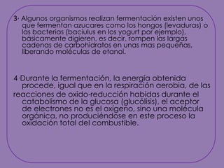 3· Algunos organismos realizan fermentación existen unos que fermentan azucares como los hongos (levaduras) o las bacterias (baciulus en los yogurt por ejemplo), básicamente digieren, es decir, rompen las largas cadenas de carbohidratos en unas mas pequeñas, liberando moléculas de etanol.4·Durante la fermentación, la energía obtenida procede, igual que en la respiración aerobia, de lasreacciones de oxido-reducción habidas durante el catabolismo de la glucosa (glucólisis), el aceptor de electrones no es el oxígeno, sino una molécula orgánica, no produciéndose en este proceso la oxidación total del combustible.