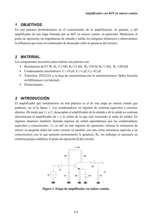 $PSOLILFDGRUFRQ%-7HQHPLVRUFRP~Q 
 2%-(7,926 
(Q HVWD SUiFWLFD SURIXQGL]DPRV HQ HO FRQRFLPLHQWR GH OD DPSOLILFDFLyQ HQ JHQHUDO  GHO 
DPSOLILFDGRUGHXQDHWDSDIRUPDGRSRUXQ%-7 HQHPLVRU FRP~QHQSDUWLFXODU0HGLUHPRV HO 
SXQWRGHRSHUDFLyQODVLPSHGDQFLDVGHHQWUDGDVDOLGDORVPiUJHQHVGLQiPLFRVREVHUYDUHPRV 
ODLQIOXHQFLDTXHWLHQHHOFRQGHQVDGRUGHGHVDFRSORVREUHODJDQDQFLDGHOFLUFXLWR 
 0$7(5,$/ 
/RVFRPSRQHQWHVQHFHVDULRVSDUDUHDOL]DUHVWDSUiFWLFDVRQ 
ƒ 5HVLVWHQFLDVGH:5 N:5 N: 5( :5 N: 5/ N: 
ƒ RQGHQVDGRUHVHOHFWUROtWLFRV P) P)( P) 
ƒ 7UDQVLVWRU1$VXKRMDGHFDUDFWHUtVWLFDVQRODVXPLQLVWUDUHPRV'HEHVEXVFDUOD 
 
HQELEOLRWHFDVRHQ,QWHUQHW 