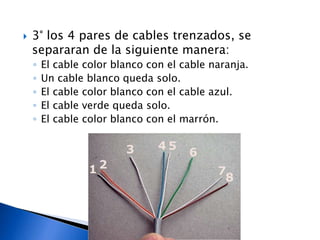  3° los 4 pares de cables trenzados, se
separaran de la siguiente manera:
◦ El cable color blanco con el cable naranja.
◦ Un cable blanco queda solo.
◦ El cable color blanco con el cable azul.
◦ El cable verde queda solo.
◦ El cable color blanco con el marrón.
 