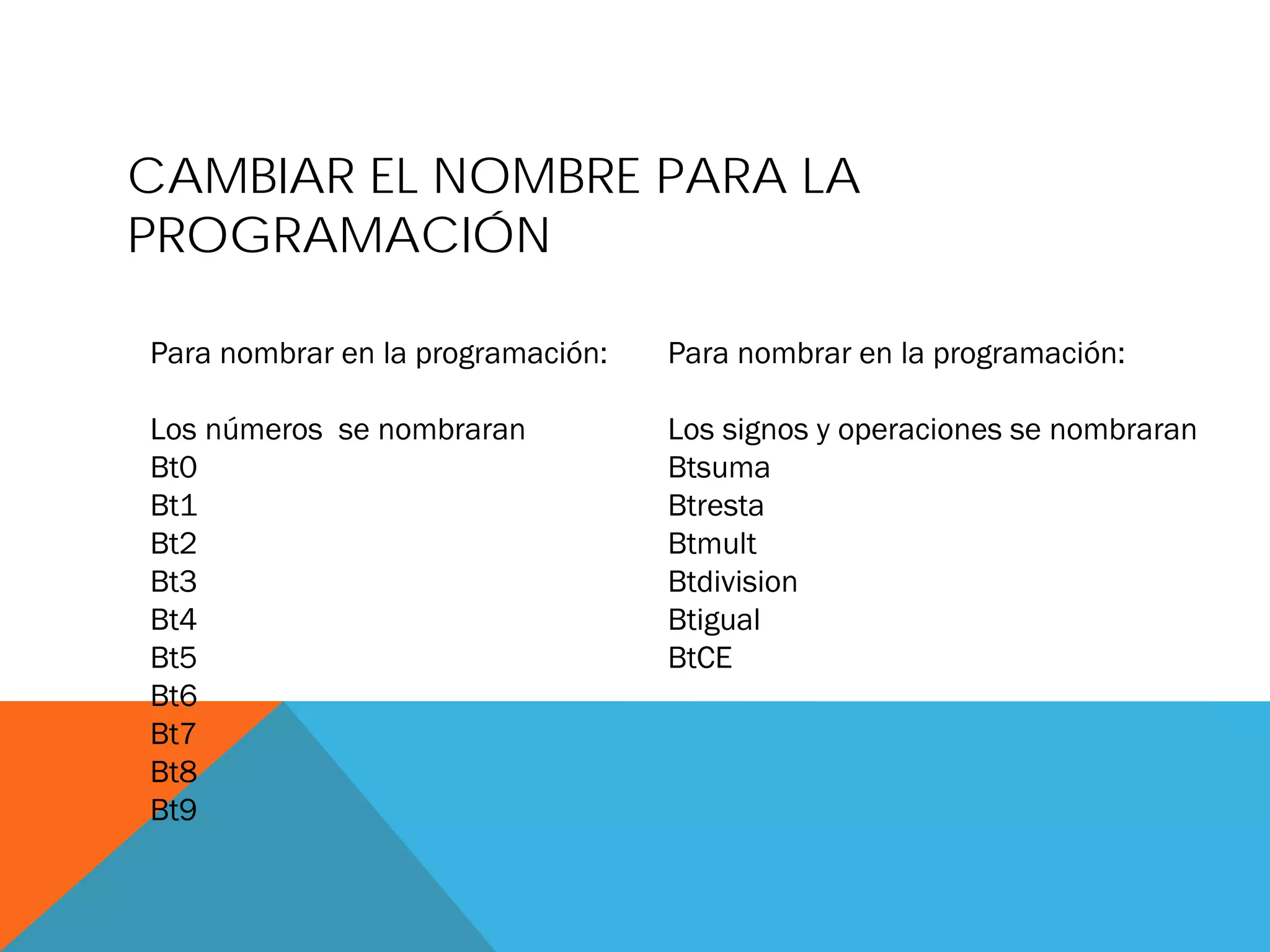 CAMBIAR EL NOMBRE PARA LA PROGRAMACIÓN
Para nombrar en la programación: Los números se nombraran Bt0 Bt1 Bt2
Bt3
Bt4 Bt5
Bt6
Bt7
Bt8
Bt9
Para nombrar en la programación: Los signos y operaciones se nombraran Btsuma Btresta Btmult Btdivision Btigual
BtCE