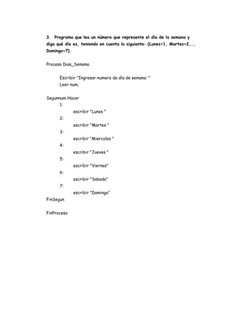 3. Programa que lea un número que represente el día de la semana y
diga qué día es, teniendo en cuenta lo siguiente: (Lunes=1, Martes=2,…,
Domingo=7).
Proceso Dias_Semana.
Escribir "Ingresar numero de dìa de semana: "
Leer num;
Segunnum Hacer
1:
escribir "Lunes "
2:
escribir "Martes "
3:
escribir "Miercoles "
4:
escribir "Jueves "
5:
escribir "Viernes"
6:
escribir "Sabado"
7:
escribir "Domingo"
FinSegun
FinProceso

 