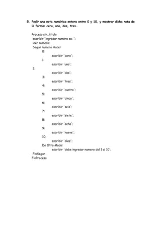 5. Pedir una nota numérica entera entre 0 y 10, y mostrar dicha nota de
la forma: cero, uno, dos, tres…
Proceso sin_titulo
escribir 'ingresar numero es: ';
leer numero;
Segun numero Hacer
0:
escribir 'cero';
1:
escribir 'uno';
2:
escribir 'dos';
3:
escribir 'tres';
4:
escribir 'cuatro';
5:
escribir 'cinco';
6:
escribir 'seis';
7:
escribir 'siete';
8:
escribir 'ocho';
9:
escribir 'nueve';
10:
escribir 'diez';
De Otro Modo:
escribir 'debe ingresar numero del 1 al 10';
FinSegun
FinProceso

 