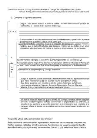 Cuentos de amor de locura y de muerte, de Horacio Quiroga, ha sido publicado por Losada.
Tomado de http://www.revistadelibros.com/articulos/cuentos-de-amor-de-locura-y-de-muerte
2. Completa el siguiente esquema:
Según Juan Pedro Aparicio el titulo le parece no debe ser cambiado por que es
pertinente a la lectura de los cuentos de Quiroga.
El autor nombra el estudio preliminar que hace Andrés Neuman y que el título, le parece
que acierta más que yerra .Ya que sin la coma que
aparentemente falta, se nombra mejor a la colección de relatos que aquí se recogen.
También que el título sólo alude a dos clases de relatos: los que tratan de un amor
enloquecido y los que tienen por motivo la muerte, y otro grupo que no es ninguno.
A
El autor nombra a Borges, el cual afirmó que Quiroga escribió los cuentos que ya
G Kipling había escrito mejor. Pero Quiroga nunca dejó de admitir la influencia de Kipling en
su obra, como también la de Poe, la de Dostoyesky, la de Chéjov o la de Maupassant.
U
M Ademas que Kipling era épico y Quiroga es realista.
E
Luego el autor nos vuelve a nombrar a Andrés Neuman esta vez dijo la clasificación
que había hecho Quiroga de sus cuentos en una carta para un amigo.
Esta decía que unos eran cuentos de efecto, y otros, historias a puño limpio,
mientras que otras serían historias de monte. Sin embargo Aparicio Llamaría
a lo que Quiroga llamo cuentos de efecto, cuentos de género.
Al final el autor nos habla de que lo escrito por Quiroga, cuentos; tienen una gran
eficacia y efecticismo por su perfecta construcción, la originalidad de su ambiente, lo
atinado de su escritura, y que esto responden a un mecanismo que precede a la
narración y hacia el que se ven abocados, con mayor o menor finura y gracia, pero sin
remisión.
Responde: ¿Cuál es tu opinión sobre este artículo?
Este artículo me parece muy bien argumentado ya que nos da sus razones concretas con
hechos pasados hablados por otros editores. También nos da su opinión acerca de esto,
estos le sirven como argumento y se basa sobre todo en lo que ha leído de estos cuentos.
 
