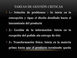 TAREAS DE GESTIÓN CRITICAS
• 1.- Solución de problemas : Se inicia en la
  concepción y sigue el diseño detallado hasta el
  lanzamiento del producto

• 2.- Gestión de la información: Inicia en la
  recepción del pedido ala entrega de éste

• 3.- Transformación física: Inicia en la materia
  prima hasta que el producto terminado queda
  en manos del cliente
 