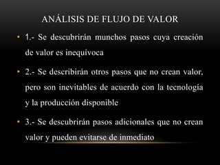 ANÁLISIS DE FLUJO DE VALOR
• 1.- Se descubrirán munchos pasos cuya creación
  de valor es inequívoca

• 2.- Se describirán otros pasos que no crean valor,
  pero son inevitables de acuerdo con la tecnología
  y la producción disponible

• 3.- Se descubrirán pasos adicionales que no crean
  valor y pueden evitarse de inmediato
 