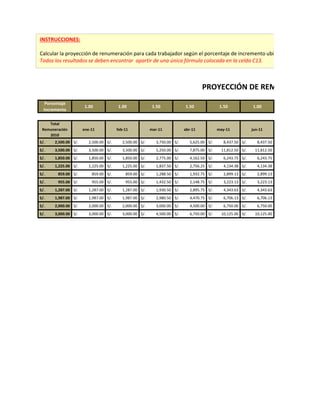 INSTRUCCIONES:
Calcular la proyección de renumeración para cada trabajador según el porcentaje de incremento ubicado en la fila 10.
Todos los resultados se deben encontrar apartir de una única fórmula colocada en la celda C13.

PROYECCIÓN DE REMUNERACIONE
Porcentaje
Incremento

1.00

1.00

1.50

1.50

1.50

1.00

Total
Remuneración
2010

ene-11

feb-11

mar-11

abr-11

may-11

jun-11

S/.

2,500.00 S/.

2,500.00 S/.

2,500.00 S/.

3,750.00 S/.

5,625.00 S/.

8,437.50 S/.

8,437.50

S/.

3,500.00 S/.

3,500.00 S/.

3,500.00 S/.

5,250.00 S/.

7,875.00 S/.

11,812.50 S/.

11,812.50

S/.

1,850.00 S/.

1,850.00 S/.

1,850.00 S/.

2,775.00 S/.

4,162.50 S/.

6,243.75 S/.

6,243.75

S/.

1,225.00 S/.

1,225.00 S/.

1,225.00 S/.

1,837.50 S/.

2,756.25 S/.

4,134.38 S/.

4,134.38

S/.

859.00 S/.

859.00 S/.

859.00 S/.

1,288.50 S/.

1,932.75 S/.

2,899.13 S/.

2,899.13

S/.

955.00 S/.

955.00 S/.

955.00 S/.

1,432.50 S/.

2,148.75 S/.

3,223.13 S/.

3,223.13

S/.

1,287.00 S/.

1,287.00 S/.

1,287.00 S/.

1,930.50 S/.

2,895.75 S/.

4,343.63 S/.

4,343.63

S/.

1,987.00 S/.

1,987.00 S/.

1,987.00 S/.

2,980.50 S/.

4,470.75 S/.

6,706.13 S/.

6,706.13

S/.

2,000.00 S/.

2,000.00 S/.

2,000.00 S/.

3,000.00 S/.

4,500.00 S/.

6,750.00 S/.

6,750.00

S/.

3,000.00 S/.

3,000.00 S/.

3,000.00 S/.

4,500.00 S/.

6,750.00 S/.

10,125.00 S/.

10,125.00

 
