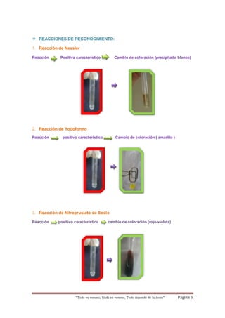 “Todo es veneno, Nada es veneno, Todo depende de la dosis“ Página 5
 REACCIONES DE RECONOCIMIENTO:
1. Reacción de Nessler
Reacción Positiva característico Cambio de coloración (precipitado blanco)
2. Reacción de Yodoformo
Reacción positivo característico Cambio de coloración ( amarillo )
3. Reacción de Nitroprusiato de Sodio
Reacción positivo característico cambio de coloración (rojo-violeta)
 