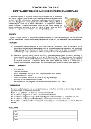 BIOLOGIA I GEOLOGIA 3r ESO
PRÀCTICA IDENTIFICACIÓ DEL DIÒXID DE CARBONI DE LA RESPIRACIÓ
La respiració cel.lular és el conjunt de reaccions químiques que es produeixen
dins de les cèl.lules, i que proporcionen l’energia necessària per realitzar les
funcions vitals. Els nutrients, com la glucosa i els àcids grassos, són oxidats en
presència d’oxigen i en aquest procés es produeix ATP (energia), diòxid de
carboni i aigua. El CO2 surt de les cèl.lules i passa a la sang i d’aquí passa als
alvèols pulmonars, mitjançant el procés d’intercanvi de gasos, mentre que
l’oxigen passa dels alvèols a la sang per a anar a totes i cada una de les
cèl.lules de l’organisme, on s’utilitzarà per a la respiració cél.lular.
OBJECTIU
L’objectiu d’aquest pràctica és comprovar la presència de CO2 en l’aire que expirem (que surt dels pulmons)
utilitzant dues proves: l’enterboliment de l’aigua de calç i el viratge de l’indicador de pH blau de bromotimol.
FONAMENT
A) Enterboliment de l’aigua de calç: la reacció del diòxid de carboni amb l’aigua de calç és un procés
químic en el que s’origina una substància nova, el carbonat de calci, de color blanc, que enterboleix
l’aigua de calç, donant-li un aspecte lletós. Amb el temps, el carbonat de calci, com que és insoluble
i més dens que l’aigua, precipita en el fons del recipient, formant un dipòsit de color blanc.
B) Viratge de l’indicador de pH blau de bromotimol: quan es fa passar diòxid de carboni per aigua es
dissolt parcialment formant àcid carbònic que fa disminuir el pH de l’aigua. Aquesta disminució del
pH es posa de manifest amb el canvi de color de l’indicador blau de bromotimol. L’aigua destil.lada
té un pH al voltant de 7, i l’indicador és de color blau a aquest pH. Quan es fa passar CO2, la
dissolució s’acidifica i el pH disminueix fins aproximadament 6, virant l’indicador fins a color groc.
MATERIAL I REACTIUS
- Tubs d’assaig
- Canyetes de refresc
- Envàs petit de PET amb tap de rosca (ampolla petita d’aigua mineral)
- Bomba airejadora d’aquari
- Dissolució saturada d’hidròxid de calci Ca(OH)2 (aigua de calç)
- Indicador de blau de bromotimol al 0,04%
- Escala de colors del viratge del blau de bromotimol des de pH 6 fins a pH 7,8
PROCEDIMENT
- Construir un borbotejador amb una ampolleta d’aigua buida, fent dos forats petits en el tap de plàstic i
posant en cada un una canyeta de refresc.
- Posar en una gradeta 4 tubs d’assaig i numerar-los de l’1 al 4.
- En els tubs 1 i 2, afegir 3 ml de solució saturada d’hidròxid de calci.
- En els tubs 3 i 4, afegir 3 ml d’aigua destil.lada i 4 gotes d’indicador de blau de bromotimol al 0,04%
- En els tubs 1 i 3, borbotejar aire fent bombolles durant uns minuts i anotar els resultats.
- En els tubs 2 i 4, introduir un tub connectat a la bomba d’aquari i borbotejar durant uns minuts. Anotar el
resultat.
RESULTATS
Tub 1
Tub 2
Tub 3
Tub 4
 