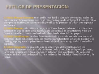 1. Estilo Bloque Extremo: es el estilo mas fácil y cómodo por cuanto todas las 
líneas se escriben comenzando en el margen izquierdo del papel. Con este estilo 
siempre se escribe a espacio sencillo; entre cada párrafo. se dejan dos espacios 
verticales. 
2. Estilo Bloque: este estilo es muy parecido al bloque extremo. La diferencia 
consiste en que la línea de la fecha, la de despedida, la de antefirma y las de 
firma se escriben comenzando desde el centro horizontal del papel. 
3. Estilo Semibloque: es el estilo más elegante y uno de los más usados en el 
comercio . Este estilo mantiene las mismas características del estilo bloque y se 
distingue porque cada párrafo comienza dejando una sangría de cinco a diez 
espacios. 
4. Estilo Sangrado: es un estilo que se diferencia del semibloque en los 
siguientes aspectos: cada una de las líneas de la dirección, excepto la primera, 
lleva una sangría de cinco espacios en relación con la anterior. De la misma 
manera se hace con la despedida, la antefirma, las iniciales identificadoras y la 
firma. 
 