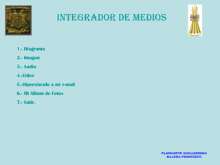 INTEGRADOR DE MEDIOS 1.- Diagrama 2.- Imagen 3.- Audio 4.-Video 5.- Hipervinculo  a mi e-mail 6.- Mi  Album  de Fotos 7.- Salir. 