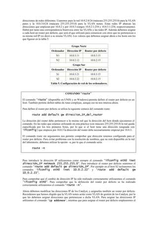 direcciones de redes diferentes. Usaremos pues la red 10.0.2.0/24 (máscara 255.255.255.0) para la VLAN
pares y la 10.0.3.0/24 (máscara 255.255.255.0) para la VLAN nones. Estas redes IP abarcan las
direcciones que empiezan por 10.0.2 y por 10.0.3 (rangos 10.0.2.1-254 y 10.0.3.1-254, respectivamente).
Habrá por tanto una correspondencia biunívoca entre las VLANs y las redes IP. Además debemos asignar
a cada host un router por defecto, que será el que utilizará para comunicar con otros que no pertenezcan a
su misma red IP (es decir a su misma VLAN). Los valores que debemos asignar ahora a los hosts son los
que figuran en la tabla 5:

                                                Grupo Norte
                            Ordenador      Dirección IP      Router por defecto
                                N1           10.0.3.11            10.0.3.15
                                N2           10.0.2.12            10.0.2.15
                                                 Grupo Sur
                            Ordenador      Dirección IP      Router por defecto
                                 S1          10.0.3.21            10.0.3.15
                                 S2          10.0.2.22            10.0.2.15
                           Tabla 5. Configuración de red de los ordenadores.


                                          COMANDO ‘route’

El comando ‘route’ (disponible en UNIX y en Windows) permite definir el router por defecto en un
host. También permite definir tablas de rutas complejas, aunque eso no nos interesa ahora.

Para definir el router por defecto se utiliza la siguiente sintaxis del comando route:

         route add default gw direccion_IP_del_router

La dirección del router debe pertenecer a la msima red que la dirección del host donde ejecutamos el
comando. En las redes que estamos utilizando en esta práctica (con máscara 255.255.255.0) la red queda
especificada por los tres primeros bytes, por lo que si el host tiene una dirección (asignada con
‘ifconfig’) que empieza por 10.0.3 la dirección del router debe necesariamente empezar por 10.0.3.

El comando route sin argumentos nos permite comprobar que dirección tenemos configurada para el
router por defecto. Para evitar problemas con la resolución de nombres, que no está disponible en la red
del laboratorio, debemos utilizar la opción –n, por lo que el comando sería:

         route -n



Para introducir la dirección IP utilizaremos como siempre el comando ‘ifconfig eth0 inet
dirección_IP netmask 255.255.255.0’. Para introducir el router por defecto usaremos el
comando ‘route add default gw dirección_IP’. Por ejemplo en el host S2 teclearemos los
comandos ‘ifconfig eth0 inet 10.0.2.22’ y ‘route add default gw
10.0.2.15’.

Para comprobar que el cambio de dirección IP ha sido realizado correctamente utilizaremos el comando
’ifconfig eth0’. Para comprobar que la definición del router por defecto se ha realizado
correctamente utilizaremos el comando ‘route –n’.

Ahora debemos modificar las direcciones IP de los Catalyst, y asignarles también un router por defecto.
Recordemos que hemos elegido que la VLAN nones actúe como VLAN de gestión de los Catalyst, por lo
que les debemos asignar direcciones que pertenezcan a dicha VLAN. Para asignar las direcciones IP
utilizamos el comando ‘ip address’, mientras que para asignar el router por defecto emplearemos el
 