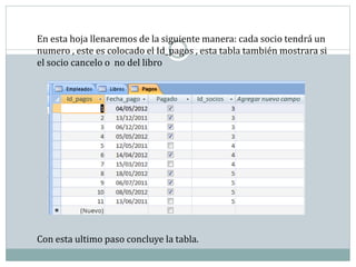 En esta hoja llenaremos de la siguiente manera: cada socio tendrá un
numero , este es colocado el Id_pagos , esta tabla también mostrara si
el socio cancelo o no del libro
Con esta ultimo paso concluye la tabla.
 