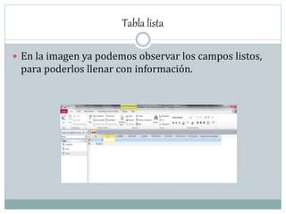Tabla lista
 En la imagen ya podemos observar los campos listos,
para poderlos llenar con información.
 