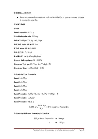 “la calidad esta en ti, no dejes que otros Sufran las consecuencias “ Página 3
OBSERVACIONES
 Tener en cuenta al momento de realizar la titulación ya que no debe de exceder
la coloración amarilla.
CÁLCULOS
Datos
Peso Promedio: 0,575 gr
Cantidad declarado: 500 mg
Polvo Trabajo: 230 mg  0,23 gr
Vol. Sol. Yodo 0.1 N: 11.5 ml
K Sol. Yodo 0.1 N: 1.0059
Vol. HCl 0.1 N: 30 ml
1 ml I 0.1N  16,67 mg Dipirona
Rangos Referenciales: 90 – 110%
Consumo Teórico: 13,79 ml Sol. Yodo 0.1 N
Consumo Real: 13,87 ml Sol. I 0.1N
Cálculo de Peso Promedio
Peso #1: 0,57 gr
Peso #2: 0,58 gr
Peso #3: 0,57 gr
Peso #4: 0,58 gr
Peso Promedio: (0,57gr +0,58gr + 0,57gr + 0,58gr) / 4
Peso Promedio: (2,3 gr)/4
Peso Promedio: 0,575 gr
0,575 𝑔𝑟 .
1000 𝑚𝑔
1 𝑔𝑟
= 575 𝑚𝑔 𝑃𝑒𝑠𝑜 𝑃𝑟𝑜𝑚𝑒𝑑𝑖𝑜
Cálculo del Polvo de Trabajo (% Teórico)
575 𝑔𝑟 𝑃𝑒𝑠𝑜 𝑃𝑟𝑜𝑚𝑒𝑑𝑖𝑜 → 500 𝑔𝑟
𝑥 → 200 𝑔𝑟
 