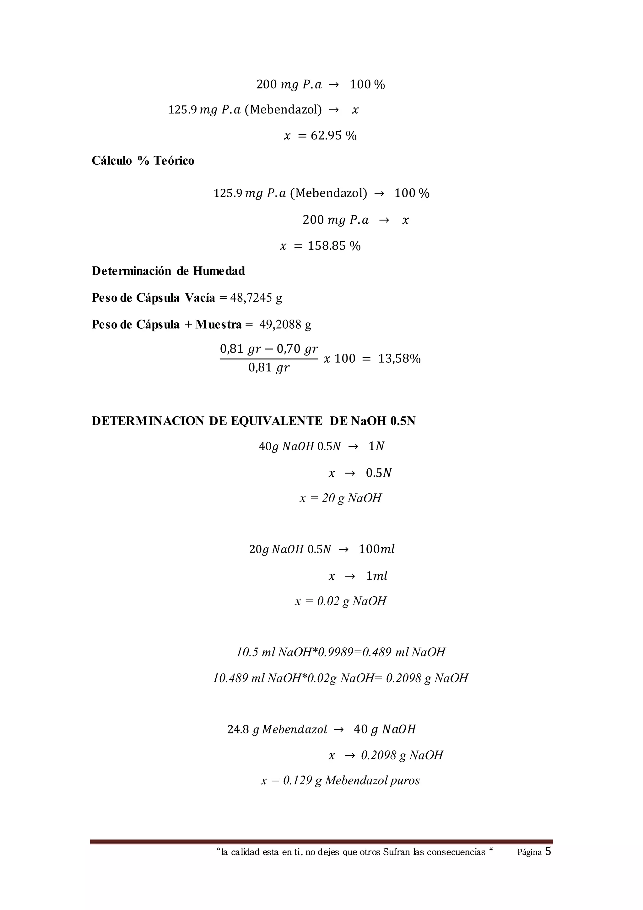 200 푚푔 푃. 푎 → 100 % 
125.9 푚푔 푃. 푎 (Mebendazol) → 푥 
푥 = 62.95 % 
“la calidad esta en ti, no dejes que otros Sufran las consecuencias “ Página 5 
Cálculo % Teórico 
125.9 푚푔 푃. 푎 (Mebendazol) → 100 % 
200 푚푔 푃. 푎 → 푥 
푥 = 158.85 % 
Determinación de Humedad 
Peso de Cápsula Vacía = 48,7245 g 
Peso de Cápsula + Muestra = 49,2088 g 
0,81 푔푟 − 0,70 푔푟 
0,81 푔푟 
푥 100 = 13,58% 
DETERMINACION DE EQUIVALENTE DE NaOH 0.5N 
40푔 푁푎푂퐻 0.5푁 → 1푁 
푥 → 0.5푁 
x = 20 g NaOH 
20푔 푁푎푂퐻 0.5푁 → 100푚푙 
푥 → 1푚푙 
x = 0.02 g NaOH 
10.5 ml NaOH*0.9989=0.489 ml NaOH 
10.489 ml NaOH*0.02g NaOH= 0.2098 g NaOH 
24.8 푔 푀푒푏푒푛푑푎푧표푙 → 40 푔 푁푎푂퐻 
푥 → 0.2098 g NaOH 
x = 0.129 g Mebendazol puros 
 