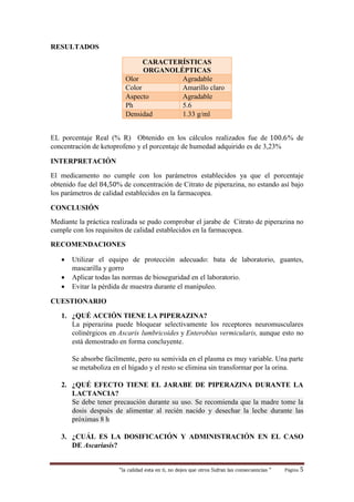 “la calidad esta en ti, no dejes que otros Sufran las consecuencias “ Página 5
RESULTADOS
CARACTERÍSTICAS
ORGANOLÉPTICAS
Olor Agradable
Color Amarillo claro
Aspecto Agradable
Ph 5.6
Densidad 1.33 g/ml
EL porcentaje Real (% R) Obtenido en los cálculos realizados fue de 100.6% de
concentración de ketoprofeno y el porcentaje de humedad adquirido es de 3,23%
INTERPRETACIÓN
El medicamento no cumple con los parámetros establecidos ya que el porcentaje
obtenido fue del 84,50% de concentración de Citrato de piperazina, no estando así bajo
los parámetros de calidad establecidos en la farmacopea.
CONCLUSIÓN
Mediante la práctica realizada se pudo comprobar el jarabe de Citrato de piperazina no
cumple con los requisitos de calidad establecidos en la farmacopea.
RECOMENDACIONES
 Utilizar el equipo de protección adecuado: bata de laboratorio, guantes,
mascarilla y gorro
 Aplicar todas las normas de bioseguridad en el laboratorio.
 Evitar la pérdida de muestra durante el manipuleo.
CUESTIONARIO
1. ¿QUÉ ACCIÓN TIENE LA PIPERAZINA?
La piperazina puede bloquear selectivamente los receptores neuromusculares
colinérgicos en Ascaris lumbricoides y Enterobius vermicularis, aunque esto no
está demostrado en forma concluyente.
Se absorbe fácilmente, pero su semivida en el plasma es muy variable. Una parte
se metaboliza en el hígado y el resto se elimina sin transformar por la orina.
2. ¿QUÉ EFECTO TIENE EL JARABE DE PIPERAZINA DURANTE LA
LACTANCIA?
Se debe tener precaución durante su uso. Se recomienda que la madre tome la
dosis después de alimentar al recién nacido y desechar la leche durante las
próximas 8 h
3. ¿CUÁL ES LA DOSIFICACIÓN Y ADMINISTRACIÓN EN EL CASO
DE Ascariasis?
 