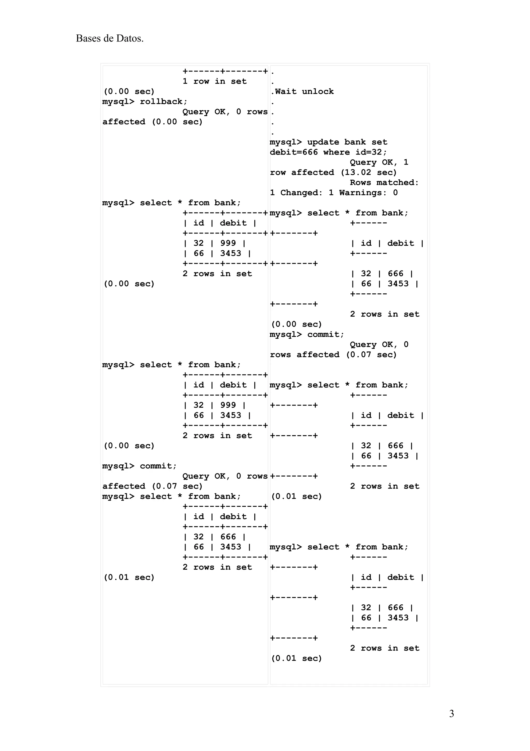 Bases de Datos.


                    +------+-------+ .
                    1 row in set     .
     (0.00 sec)                      .Wait unlock
     mysql> rollback;                .
                    Query OK, 0 rows .
     affected (0.00 sec)             .
                                     .
                                     mysql> update bank set
                                     debit=666 where id=32;
                                                    Query OK, 1
                                     row affected (13.02 sec)
                                                    Rows matched:
                                     1 Changed: 1 Warnings: 0
     mysql> select * from bank;
                    +------+-------+ mysql> select * from bank;
                    | id | debit |                  +------
                    +------+-------+ +-------+
                    | 32 | 999 |                    | id | debit |
                    | 66 | 3453 |                   +------
                    +------+-------+ +-------+
                    2 rows in set                   | 32 | 666 |
     (0.00 sec)                                     | 66 | 3453 |
                                                    +------
                                     +-------+
                                                    2 rows in set
                                     (0.00 sec)
                                     mysql> commit;
                                                    Query OK, 0
                                     rows affected (0.07 sec)
     mysql> select * from bank;
                    +------+-------+
                    | id | debit | mysql> select * from bank;
                    +------+-------+                +------
                    | 32 | 999 |     +-------+
                    | 66 | 3453 |                   | id | debit |
                    +------+-------+                +------
                    2 rows in set    +-------+
     (0.00 sec)                                     | 32 | 666 |
                                                    | 66 | 3453 |
     mysql> commit;                                 +------
                    Query OK, 0 rows +-------+
     affected (0.07 sec)                            2 rows in set
     mysql> select * from bank;      (0.01 sec)
                    +------+-------+
                    | id | debit |
                    +------+-------+
                    | 32 | 666 |
                    | 66 | 3453 |    mysql> select * from bank;
                    +------+-------+                +------
                    2 rows in set    +-------+
     (0.01 sec)                                     | id | debit |
                                                    +------
                                     +-------+
                                                    | 32 | 666 |
                                                    | 66 | 3453 |
                                                    +------
                                     +-------+
                                                    2 rows in set
                                     (0.01 sec)




                                                                     3
 