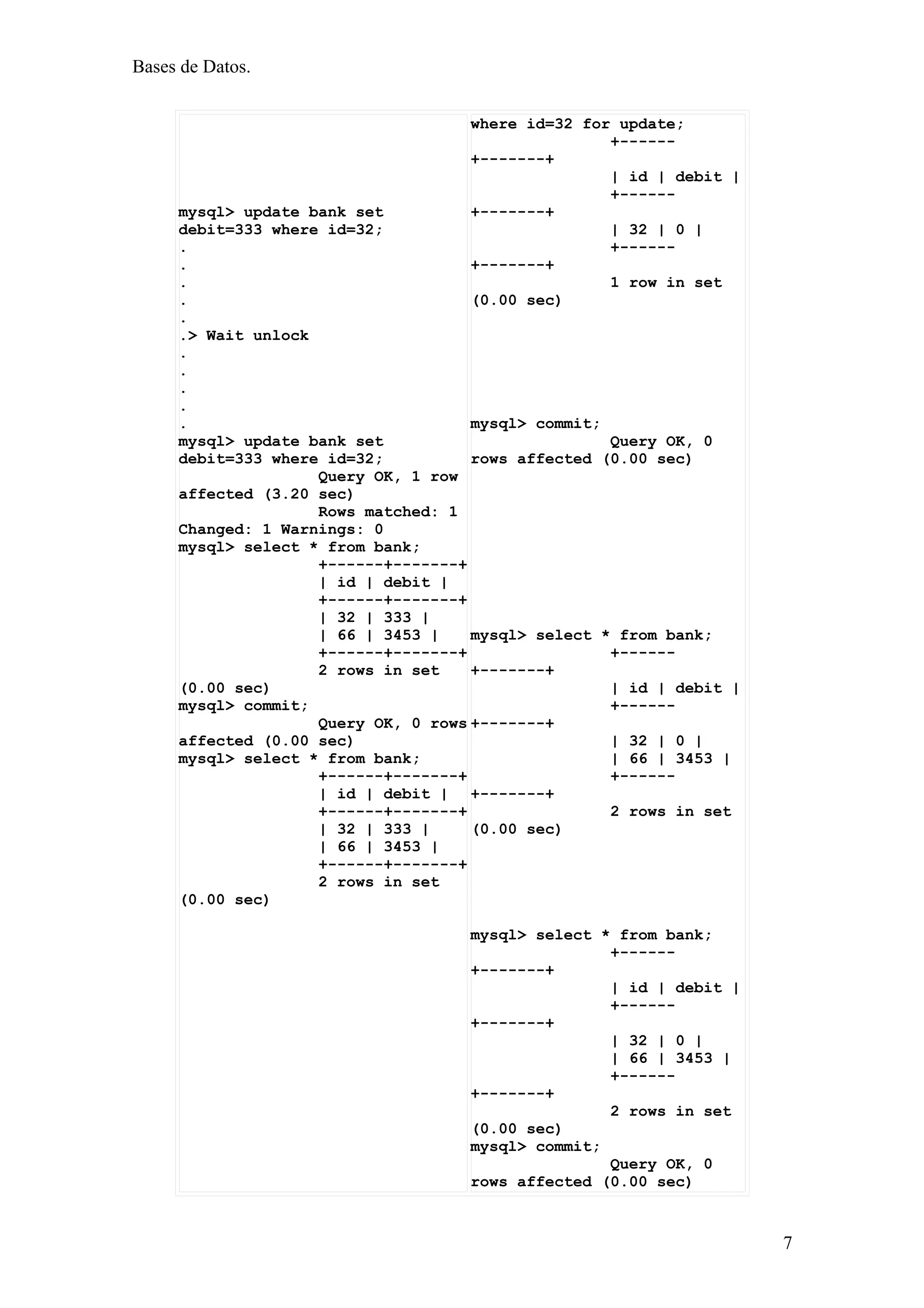 Bases de Datos.


                                    where id=32 for update;
                                                   +------
                                    +-------+
                                                   | id | debit |
                                                   +------
     mysql> update bank set         +-------+
     debit=333 where id=32;                        | 32 | 0 |
     .                                             +------
     .                              +-------+
     .                                             1 row in set
     .                              (0.00 sec)
     .
     .> Wait unlock
     .
     .
     .
     .
     .                               mysql> commit;
     mysql> update bank set                         Query OK, 0
     debit=333 where id=32;          rows affected (0.00 sec)
                    Query OK, 1 row
     affected (3.20 sec)
                    Rows matched: 1
     Changed: 1 Warnings: 0
     mysql> select * from bank;
                    +------+-------+
                    | id | debit |
                    +------+-------+
                    | 32 | 333 |
                    | 66 | 3453 |    mysql> select * from bank;
                    +------+-------+                +------
                    2 rows in set    +-------+
     (0.00 sec)                                     | id | debit |
     mysql> commit;                                 +------
                    Query OK, 0 rows +-------+
     affected (0.00 sec)                            | 32 | 0 |
     mysql> select * from bank;                     | 66 | 3453 |
                    +------+-------+                +------
                    | id | debit | +-------+
                    +------+-------+                2 rows in set
                    | 32 | 333 |     (0.00 sec)
                    | 66 | 3453 |
                    +------+-------+
                    2 rows in set
     (0.00 sec)

                                    mysql> select * from bank;
                                                   +------
                                    +-------+
                                                   | id | debit |
                                                   +------
                                    +-------+
                                                   | 32 | 0 |
                                                   | 66 | 3453 |
                                                   +------
                                    +-------+
                                                   2 rows in set
                                    (0.00 sec)
                                    mysql> commit;
                                                   Query OK, 0
                                    rows affected (0.00 sec)



                                                                     7
 