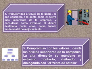4. Productividad a través de la gente , lo
que considera a la gente como el activo
más importante de la empresa, y
consideran como inversión el dinero
destinado hacia ellos, como fuente
fundamental de mejoramiento.
5. Compromiso con los valores , desde
los niveles superiores de la compañía.
La alta dirección se mantiene en
estrecho contacto, visitando y
dialogando con "el frente de batalla“
 
