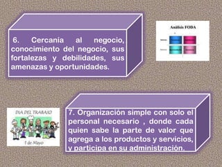 6. Cercanía al negocio,
conocimiento del negocio, sus
fortalezas y debilidades, sus
amenazas y oportunidades.
7. Organización simple con solo el
personal necesario , donde cada
quien sabe la parte de valor que
agrega a los productos y servicios,
y participa en su administración.
 