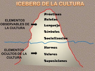 ELEMENTOS
OCULTOS DE LA
CULTURA
ELEMENTOS
OBSERVABLES DE
LA CULTURA
Prácticas
Relatos
Lenguaje
Símbolos
Socialización
Normas
Valores
Suposiciones
 