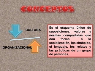 CULTURA
ORGANIZACIONAL
Es el esquema único de
suposiciones, valores y
normas compartidas que
dan forma a la
socialización, los símbolos,
el lenguaje, los relatos y
las prácticas de un grupo
de personas.
 