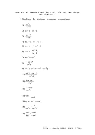 PRACTICA DE APOYO SOBRE SIMPLIFICACIÓN                            DE EXPRESIONES
                  TRIGONOMETRICAS

      Simplifique las            siguientes   expresiones   trigonométricas

         sen 2α
      1)
         cos 2 α

      2) csc 2 β – cot 2 β

            tan(−θ )
      3)
              secθ

      4) tan (− α ) cos ( − α )

      5) cot 2 α ( 1 + tan 2 α )

                       sec 2 θ
      6) tan 2 θ −
                       csc 2 θ

      7) sec 2 t – tan 2 t

            1 + tan 2 θ
      8)
              cot 2 θ

      9) cot 2 β sen 2 β + tan 2 β cos 2 β

            cot 2 α + csc 2 α
      10)
                 cos 2 α

            tan χ csc χ
      11)
               sec χ

            1 − sen 2τ
      12)
              csc 2 τ

                       1
      13) tan θ −
                     tan θ

      14) cot s ( tan s + sen s )

              1     1
      15)        +
            csc θ sec 2 θ
               2



            cos α senα
      16)        +
            sec α csc α




                                        MADE BY : PROF. GRETTEL ROJAS RIVERA.
 