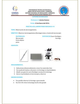 UNIVERSIDAD TÉCNICA DE MACHALA
DIRECCIÓN DE NIVELACIÓN Y ADMISIÓN
SISTEMA NACIONAL DE NIVELACIÓN Y ADMISION
CURSO DE NIVELACIÓN PERIODO 2013

CATEDRA DE BIOLOGÍA
Pertenece A: Jessica Cuenca
Fecha: 23 de Enero del 2014.
PRÁCTICA DE LABORATORIO BIOLOGIA # 8
TEMA: Observación de microorganismos.
OBJETIVO: Observar microorganismos (Hormiga) vistas a través del microscopio
MATERIALES:
Microscopio
Porta objetos
pinza

SUSTANCIAS:Suero fisiológico
hormiga

GRAFICOS:

PROCEDIMIENTO:
1.
2.
3.
4.

Indicaciones del procedimiento y tener los materiales listo
Con ayuda de la pinza colocamos a la hormiga en el portaobjetos
Añadir una gota de suero fisiológico encima de la hormiga
Llevar el portaobjetos al microscopio y observar

OBSERVACIONES:
Fue posible observar la hormiga a gran tamaño
En el de 10x vimos la hormiga mucho más grande

 