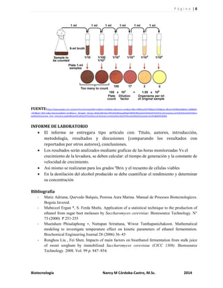 P á g i n a | 6
Biotecnología Nancy M Córdoba-Castro, M.Sc. 2014
FUENTE:https://www.google.com.co/search?q=erlenmeyer&hl=es&tbm=isch&tbo=u&source=univ&sa=X&ei=l99BUovGGYT89gSu1ICIBQ&sqi=2&ved=0CD8QsAQ&biw=1280&bih
=923&dpr=1#hl=es&q=diluciones&tbm=isch&facrc=_&imgdii=_&imgrc=8xNynkBFnKpcYM%3A%3BtwopZMigiHV8M%3Bhttp%253A%252F%252Fdc118.4shared.com%252Fdoc%252FIMvm
SoJN%252Fpreview_html_541e161e.png%3Bhttp%253A%252F%252Fdc118.4shared.com%252Fdoc%252FIMvmSoJN%252Fpreview.html%3B600%3B400
INFORME DE LABORATORIO
 El informe se entregara tipo articulo con: Titulo, autores, introducción,
metodología, resultados y discusiones (comparando los resultados con
reportados por otros autores), conclusiones.
 Los resultados serán analizados mediante graficas de las horas monitoreadas Vs el
crecimiento de la levadura, se deben calcular: el tiempo de generación y la constante de
velocidad de crecimiento.
 Así mismo se realizaran para los grados ºBrix y el recuento de células viables
 En la destilación del alcohol producido se debe cuantificar el rendimiento y determinar
su concentración
Bibliografía
- Matiz Adriana, Quevedo Balquis, Pesrosa Aura Marina. Manual de Procesos Biotecnologicos.
Bogota Javered.
- Mubeccel Ergun *, S. Ferda Mutlu. Application of a statistical technique to the production of
ethanol from sugar beet molasses by Saccharomyces cerevisiae: Bioresource Technology. N°
73 (2000) P 251-255
- Muenduen Phisalaphong ∗, Nuttapan Srirattana, Wiwut Tanthapanichakoon. Mathematical
modeling to investigate temperature effect on kinetic parameters of ethanol fermentation.
Biochemical Engineering Journal 28 (2006) 36–43
- Ronghou Liu , Fei Shen. Impacts of main factors on bioethanol fermentation from stalk juice
of sweet sorghum by immobilized Saccharomyces cerevisiae (CICC 1308). Bioresource
Technology. 2008. Vol. 99 p: 847–854.
 