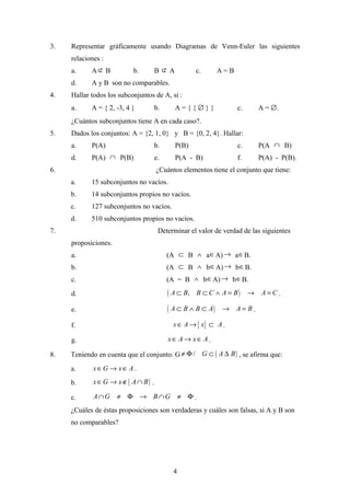 3. Representar gráficamente usando Diagramas de Venn-Euler las siguientes
relaciones :
a. A⊄ B b. B ⊄ A c. A = B
d. A y B son no comparables.
4. Hallar todos los subconjuntos de A, si :
a. A = { 2, -3, 4 } b. A = { { ∅ } } c. A = ∅.
¿Cuántos subconjuntos tiene A en cada caso?.
5. Dados los conjuntos: A = {2, 1, 0} y B = {0, 2, 4}. Hallar:
a. P(A) b. P(B) c. P(A ∩ B)
d. P(A) ∩ P(B) e. P(A - B) f. P(A) - P(B).
6. ¿Cuántos elementos tiene el conjunto que tiene:
a. 15 subconjuntos no vacíos.
b. 14 subconjuntos propios no vacíos.
c. 127 subconjuntos no vacíos.
d. 510 subconjuntos propios no vacíos.
7. Determinar el valor de verdad de las siguientes
proposiciones.
a. (A ⊂ B ∧ a∈A)→ a∈B.
b. (A ⊂ B ∧ b∈A)→ b∈B.
c. (A = B ∧ b∈A)→ b∈B.
d. ( ),A B B C A B A C⊂ ⊂ ∧ = → = .
e. ( )A B B A A B⊂ ∧ ⊂ → = .
f. { }x A x A∈ → ⊂ .
g. x A x A∈ → ∈ .
8. Teniendo en cuenta que el conjunto: G ( )/ G A B≠ Φ ⊂ ∆ , se afirma que:
a. x G x A∈ → ∈ .
b. ( )x G x A B∈ → ∉ ∩ .
c. A G B G∩ ≠ Φ → ∩ ≠ Φ .
¿Cuáles de éstas proposiciones son verdaderas y cuáles son falsas, si A y B son
no comparables?
4
 