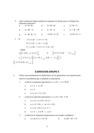 2. ¿Qué condiciones deben cumplir los conjuntos Ay B para que se verifiquen las
siguientes relaciones?
a. A∩ B =Φ b. A∪ B = B c. A∩ B = U
d. A∪ Φ = U e. A – B = A f. A ∩ B’ = B’
g. A – B = B – A h. A B A B∆ = ∪ i. A B B A∆ = −
3. Si
Hallar:
a. ( ) ( )
''
'A B
C B A C ∆ ∩ ∪
 
b. ( ) ( ) ( )
'
' D E
A C B C ∆
 ∩ ∆ −
 
c. ( ) ( ) ( )
( ){ }'' ' '
' 'B C C BA C
A C A B B C
∆
 ∆ ∩ ∩ ∆ ∪
  
I
( ) ( ) ( )
'
' A C
A C B A ∆
 ∩ ∆ −
 
EJERCICIOS GRUPO 5
I. Utiliza convenientemente las definiciones de las operaciones con conjuntos para
resolver los problemas que se plantean a continuación.
1. ¿Cuál es la expresión equivalente a: x ∈ [A ∪ ( A ∩B )]?
a. x ∈ A ∧ x ∈ B
b. x ∈ A
c. ( x ∈ A ) ∨ ( x ∈ B )
2. ¿Cuál es la expresión equivalente a: x ∈ [A ∩ ( B – C )]?
a. x ∈ A ∧ ( x ∉ B ∧ x ∉ C )
b. x ∈ ( A ∩ B ) ∨ x ∉ ( A ∪ B )
c. x ∈ ( A ∩ B ) ∧ ( x ∈ C’ )
d. x ∈ A ∧ x ∉ B ∧ x ∉ C
3. ¿Cuáles de las siguientes proposiciones son siempre verdaderas?
a. A ⊂ B ⇔ A ∪ B = B b. A ∆ B’ = B’ ∩ A’
{ }
{ }
{ }2
: 4 6
: 0 6
/ ( 1 4 3)
A x x x
B x x x
C x x x x
+
+
= ∈ > → =
= ∈ > ∧ ≤
= ∈ ≥ → ≠ −
¢
¢
¢ :
6
 