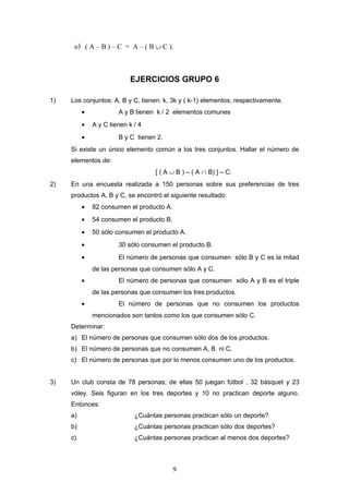 e) ( A – B ) – C = A – ( B ∪ C ).
EJERCICIOS GRUPO 6
1) Los conjuntos: A, B y C, tienen: k, 3k y ( k-1) elementos, respectivamente.
• A y B tienen k / 2 elementos comunes
• A y C tienen k / 4
• B y C tienen 2.
Si existe un único elemento común a los tres conjuntos. Hallar el número de
elementos de:
[ ( A ∪ B ) – ( A ∩ B) ] – C.
2) En una encuesta realizada a 150 personas sobre sus preferencias de tres
productos A, B y C, se encontró el siguiente resultado:
• 82 consumen el producto A.
• 54 consumen el producto B.
• 50 sólo consumen el producto A.
• 30 sólo consumen el producto B.
• El número de personas que consumen sólo B y C es la mitad
de las personas que consumen sólo A y C.
• El número de personas que consumen sólo A y B es el triple
de las personas que consumen los tres productos.
• El número de personas que no consumen los productos
mencionados son tantos como los que consumen sólo C.
Determinar:
a) El número de personas que consumen sólo dos de los productos.
b) El número de personas que no consumen A, B ni C.
c) El número de personas que por lo menos consumen uno de los productos.
3) Un club consta de 78 personas; de ellas 50 juegan fútbol , 32 básquet y 23
vóley. Seis figuran en los tres deportes y 10 no practican deporte alguno.
Entonces:
a) ¿Cuántas personas practican sólo un deporte?
b) ¿Cuántas personas practican sólo dos deportes?
c) ¿Cuántas personas practican al menos dos deportes?
9
 