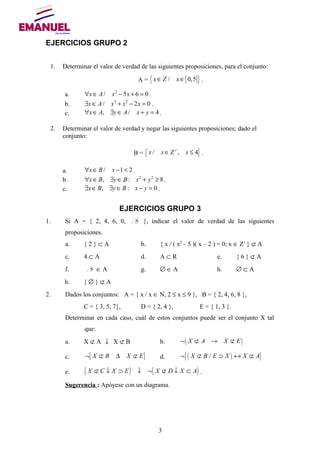 EJERCICIOS GRUPO 2
1. Determinar el valor de verdad de las siguientes proposiciones, para el conjunto:
A = [ ]{ }/ 0,5x Z x∈ ∈ .
a. 2
/ 5 6 0x A x x∀ ∈ − + = .
b. 3 2
/ 2 0x A x x x∃ ∈ + − = .
c. , / 4x A y A x y∀ ∈ ∃ ∈ + = .
2. Determinar el valor de verdad y negar las siguientes proposiciones; dado el
conjunto:
B = { }/ , 4x x Z x+
∈ ≤ .
a. / 1 2x B x∀ ∈ − < .
b. 2 2
, : 8x B y B x y∀ ∈ ∃ ∈ + ≥ .
c. , : 0x B y B x y∃ ∈ ∃ ∈ − = .
EJERCICIOS GRUPO 3
1. Si A = { 2, 4, 6, 0, 5 }, indicar el valor de verdad de las siguientes
proposiciones.
a. { 2 } ⊂ A b. { x / ( x2
– 5 )( x – 2 ) = 0; x ∈ Z+
} ⊄ A
c. 4 ⊂ A d. A ⊂ R e. { 6 } ⊄ A
f. 5 ∈ A g. ∅ ∈ A h. ∅ ⊂ A
h. { ∅ } ⊄ A
2. Dados los conjuntos: A = { x / x ∈ N, 2 ≤ x ≤ 9 }, B = { 2, 4, 6, 8 },
C = { 3, 5, 7}, D = { 2, 4 }, E = { 1, 3 }.
Determinar en cada caso, cuál de estos conjuntos puede ser el conjunto X tal
que:
a. X ⊄ A ↓ X ⊄ B b. ( )X A X E¬ ⊄ → ⊄
c. [ ]X B X E¬ ⊄ ∆ ⊄ d. ( ){ }/X B E X X A¬ ⊄ ⊃ ↔ ⊄
e. ( ) ( )X C X E X D X A⊄ ↓ ⊃ ↓ ¬ ⊄ ↓ ⊂ .
Sugerencia : Apóyese con un diagrama.
3
 