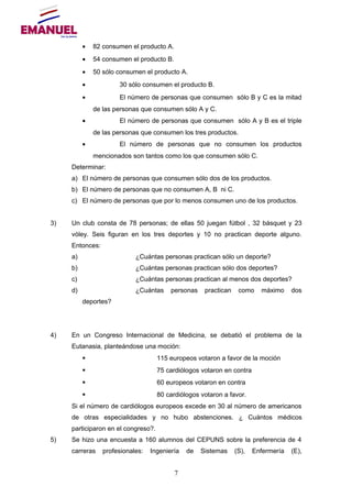 • 82 consumen el producto A.
• 54 consumen el producto B.
• 50 sólo consumen el producto A.
• 30 sólo consumen el producto B.
• El número de personas que consumen sólo B y C es la mitad
de las personas que consumen sólo A y C.
• El número de personas que consumen sólo A y B es el triple
de las personas que consumen los tres productos.
• El número de personas que no consumen los productos
mencionados son tantos como los que consumen sólo C.
Determinar:
a) El número de personas que consumen sólo dos de los productos.
b) El número de personas que no consumen A, B ni C.
c) El número de personas que por lo menos consumen uno de los productos.
3) Un club consta de 78 personas; de ellas 50 juegan fútbol , 32 básquet y 23
vóley. Seis figuran en los tres deportes y 10 no practican deporte alguno.
Entonces:
a) ¿Cuántas personas practican sólo un deporte?
b) ¿Cuántas personas practican sólo dos deportes?
c) ¿Cuántas personas practican al menos dos deportes?
d) ¿Cuántas personas practican como máximo dos
deportes?
4) En un Congreso Internacional de Medicina, se debatió el problema de la
Eutanasia, planteándose una moción:
 115 europeos votaron a favor de la moción
 75 cardiólogos votaron en contra
 60 europeos votaron en contra
 80 cardiólogos votaron a favor.
Si el número de cardiólogos europeos excede en 30 al número de americanos
de otras especialidades y no hubo abstenciones. ¿ Cuántos médicos
participaron en el congreso?.
5) Se hizo una encuesta a 160 alumnos del CEPUNS sobre la preferencia de 4
carreras profesionales: Ingeniería de Sistemas (S), Enfermería (E),
7
 