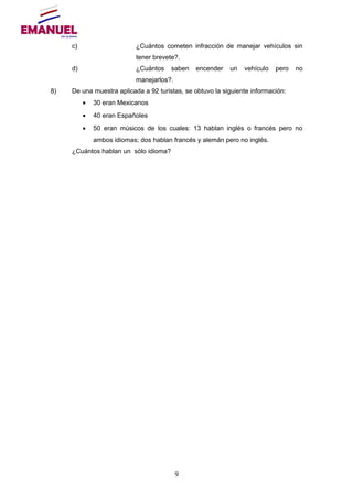 c) ¿Cuántos cometen infracción de manejar vehículos sin
tener brevete?.
d) ¿Cuántos saben encender un vehículo pero no
manejarlos?.
8) De una muestra aplicada a 92 turistas, se obtuvo la siguiente información:
• 30 eran Mexicanos
• 40 eran Españoles
• 50 eran músicos de los cuales: 13 hablan inglés o francés pero no
ambos idiomas; dos hablan francés y alemán pero no inglés.
¿Cuántos hablan un sólo idioma?
9
 