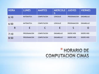 HORA       LUNES          MARTES        MIERCOLE JUEVES             VIERNES
                                        S
           MATEMATICA     COMPUTACION   LENGUAJE     PROGRAMACION   EMSAMBLAJE
6:10

           MATEMATICA     COMPUTACION   LENGUAJE     PROGRAMACION   EMSAMBLAJE
6:50
       R         E              C            E             S               O

           PROGRAMACION   COMPUTACION   EMSAMBLAJE   DISEÑO WEB     DISEÑO WEB
7:10
           PROGRAMACION   COMPUTACION   EMSAMBLAJE   DISEÑO WEB     DISEÑO WEB
8:50




                                               *
 