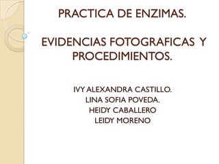 PRACTICA DE ENZIMAS.
EVIDENCIAS FOTOGRAFICAS Y
PROCEDIMIENTOS.
IVY ALEXANDRA CASTILLO.
LINA SOFIA POVEDA.
HEIDY CABALLERO
LEIDY MORENO
 
