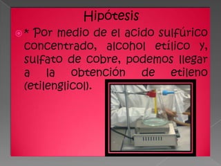 Hipótesis
* Por medio de el acido sulfúrico
 concentrado, alcohol etílico y,
 sulfato de cobre, podemos llegar
 a la obtención de etileno
 (etilenglicol).
 