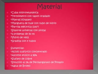 Material
   *Cuba Hidroneumática
   *Termómetro con tapon oradado
   *Matraz Kitasato
   *Manguera de hule con tubo de vidrio
   *Parrilla eléctrica (100°)
   *Soporte universal con pinzas
   *2 probetas de 50 ml
   *Vidrio de reloj
   *Gradilla con 4 tubos

   Sustancias:
   *Ácido sulfúrico concentrado
   *Alcohol etílico a 96%
   *Sulfato de cobre
   *Solución al 1% de Permanganato de Potasio
   *Agua de Bromo
 