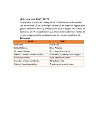 ¿Diferencia entre OLAP y OLTP?
OLAP (Online Analytical Processing) OLTP (Online Transaction Processing)
Las aplicaciones OLAP se encargan de analizar los datos del negocio para
generar información táctica y estratégica que sirve de soporte para la toma de
decisiones. OLTP son aplicaciones que definen el comportamiento habitual de
un entorno operacional de gestión y ejecutan las operaciones del día a día.
Diferencias
OLTP | OLAP
Atomizado Sumarizado
Datos Históricos Datos Actuales
Un registro a la vez Muchos registros a la vez
Orientado a la información operativa Orientado a la información estratégica
Datos relacionados Datos Multidimensionales
Consultas simples predefinidas Consultas ad-hoc
Volumen de datos acotados Grandes volúmenes de datos
 