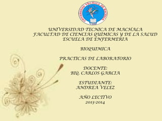 UNIVERSIDAD TECNICA DE MACHALA
FACULTAD DE CIENCIAS QUÍMICAS Y DE LA SALUD
ESCUELA DE ENFERMERIA
BIOQUIMICA
PRACTICAS DE LABORATORIO
DOCENTE:
BIQ. CARLOS GARCIA
ESTUDIANTE:
ANDREA VELEZ
AÑO LECTIVO
2013-2014
 