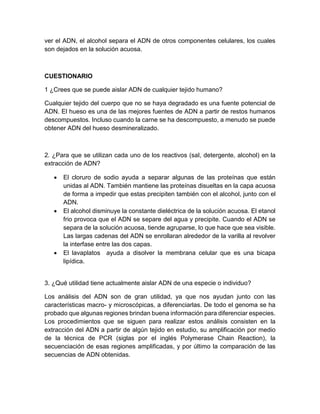 ver el ADN, el alcohol separa el ADN de otros componentes celulares, los cuales
son dejados en la solución acuosa.
CUESTIONARIO
1 ¿Crees que se puede aislar ADN de cualquier tejido humano?
Cualquier tejido del cuerpo que no se haya degradado es una fuente potencial de
ADN. El hueso es una de las mejores fuentes de ADN a partir de restos humanos
descompuestos. Incluso cuando la carne se ha descompuesto, a menudo se puede
obtener ADN del hueso desmineralizado.
2. ¿Para que se utilizan cada uno de los reactivos (sal, detergente, alcohol) en la
extracción de ADN?
 El cloruro de sodio ayuda a separar algunas de las proteínas que están
unidas al ADN. También mantiene las proteínas disueltas en la capa acuosa
de forma a impedir que estas precipiten también con el alcohol, junto con el
ADN.
 El alcohol disminuye la constante dieléctrica de la solución acuosa. El etanol
frio provoca que el ADN se separe del agua y precipite. Cuando el ADN se
separa de la solución acuosa, tiende agruparse, lo que hace que sea visible.
Las largas cadenas del ADN se enrollaran alrededor de la varilla al revolver
la interfase entre las dos capas.
 El lavaplatos ayuda a disolver la membrana celular que es una bicapa
lipídica.
3. ¿Qué utilidad tiene actualmente aislar ADN de una especie o individuo?
Los análisis del ADN son de gran utilidad, ya que nos ayudan junto con las
características macro- y microscópicas, a diferenciarlas. De todo el genoma se ha
probado que algunas regiones brindan buena información para diferenciar especies.
Los procedimientos que se siguen para realizar estos análisis consisten en la
extracción del ADN a partir de algún tejido en estudio, su amplificación por medio
de la técnica de PCR (siglas por el inglés Polymerase Chain Reaction), la
secuenciación de esas regiones amplificadas, y por último la comparación de las
secuencias de ADN obtenidas.
 