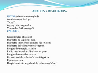  ANALISIS Y RESULTADOS.DATOS: (viscosímetro seybol)60ml de aceite SAE 40T= 35°Ct=53,15 min y segundosViscosidad SAE 40=135cStCALCULO. (viscosímetro absoluto)Diámetro de la polea= 6cmDiámetro interior del cilindro fijo=7.8 cmDiámetro del cilindro móvil=24mmLongitud sumergida 42mmRadio medio de los cilindros= 22.5mmLongitud recorrida=20.7cmPerímetro de la polea=2*π*r=18.8496cmEspesor=21mmDesplazamiento angular de la polea=1.09816rev 