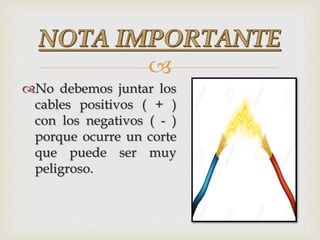 
No debemos juntar los
cables positivos ( + )
con los negativos ( - )
porque ocurre un corte
que puede ser muy
peligroso.
 