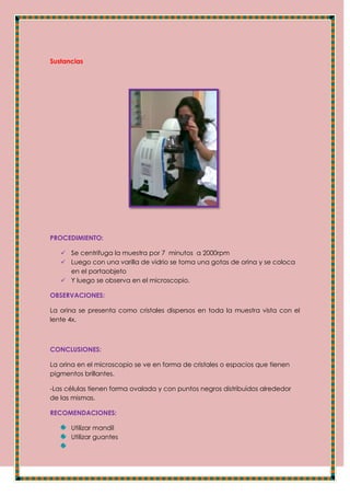 Sustancias
PROCEDIMIENTO:
 Se centrifuga la muestra por 7 minutos a 2000rpm
 Luego con una varilla de vidrio se toma una gotas de orina y se coloca
en el portaobjeto
 Y luego se observa en el microscopio.
OBSERVACIONES:
La orina se presenta como cristales dispersos en toda la muestra vista con el
lente 4x.
CONCLUSIONES:
La orina en el microscopio se ve en forma de cristales o espacios que tienen
pigmentos brillantes.
-Las células tienen forma ovalada y con puntos negros distribuidos alrededor
de las mismas.
RECOMENDACIONES:
Utilizar mandil
Utilizar guantes
 