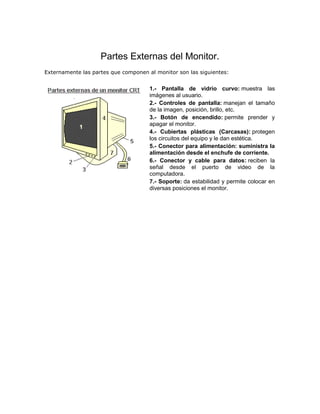 Partes Externas del Monitor.
Externamente las partes que componen al monitor son las siguientes:
1.- Pantalla de vidrio curvo: muestra las
imágenes al usuario.
2.- Controles de pantalla: manejan el tamaño
de la imagen, posición, brillo, etc.
3.- Botón de encendido: permite prender y
apagar el monitor.
4.- Cubiertas plásticas (Carcasas): protegen
los circuitos del equipo y le dan estética.
5.- Conector para alimentación: suministra la
alimentación desde el enchufe de corriente.
6.- Conector y cable para datos: reciben la
señal desde el puerto de video de la
computadora.
7.- Soporte: da estabilidad y permite colocar en
diversas posiciones el monitor.
 