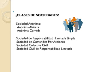 
    ¿CLASES DE SOCIEDADES?

    Sociedad Anónima:
     Anónima Abierta
     Anónima Cerrada

    Sociedad de Responsabilidad Limitada Simple
    Sociedad en Comandita Por Acciones
    Sociedad Colectiva Civil
    Sociedad Civil de Responsabilidad Limitada
 