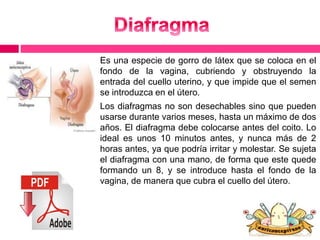 Es una especie de gorro de látex que se coloca en el 
fondo de la vagina, cubriendo y obstruyendo la 
entrada del cuello uterino, y que impide que el semen 
se introduzca en el útero. 
Los diafragmas no son desechables sino que pueden 
usarse durante varios meses, hasta un máximo de dos 
años. El diafragma debe colocarse antes del coito. Lo 
ideal es unos 10 minutos antes, y nunca más de 2 
horas antes, ya que podría irritar y molestar. Se sujeta 
el diafragma con una mano, de forma que este quede 
formando un 8, y se introduce hasta el fondo de la 
vagina, de manera que cubra el cuello del útero. 
 